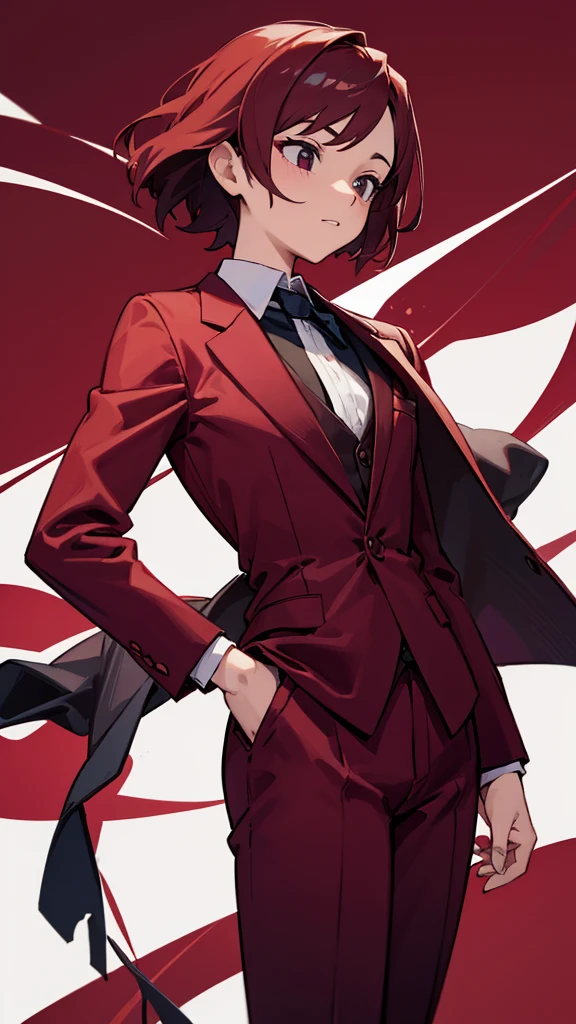 Wine red suit、Don&#39;t wear a jacket、Black Hair、Hair down to shoulder length、One hand on hip、Leather shoes、woman