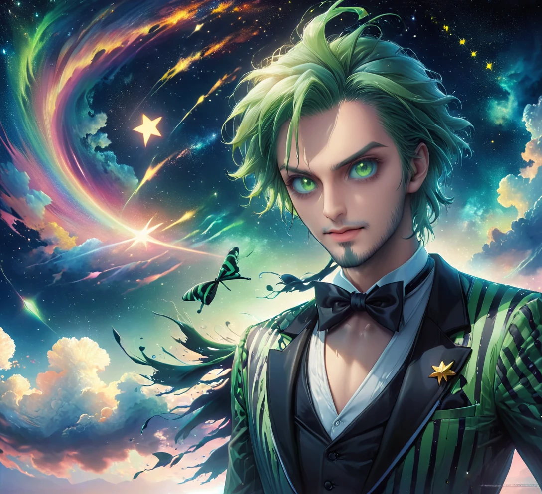 meitu, beetlejuice, anime, manga style, alex brightman starring as beetlejuice,1boy, aurora, black bow, black bowtie, bow, bowtie, facial hair, formal, green sharp eyes, green hair, male focus, night, night sky, realistic, shooting star, sky, solo, space, sparkle, star (sky), starry sky, suit, tuxedo, wlop, guweiz, meitu, (looking at the sky)