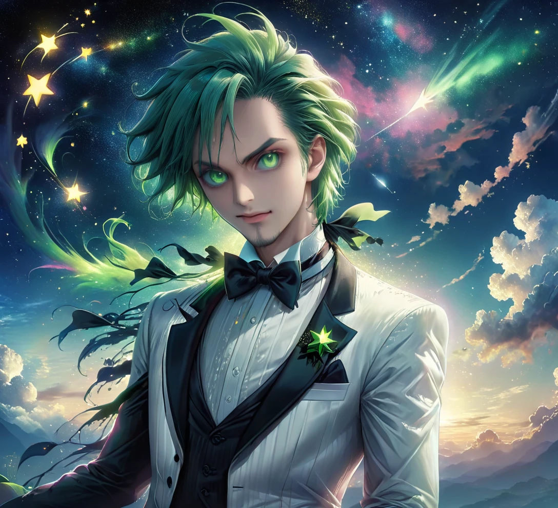 meitu, beetlejuice, anime, manga style, alex brightman starring as beetlejuice,1boy, aurora, black bow, black bowtie, bow, bowtie, facial hair, formal, green sharp eyes, green hair, male focus, night, night sky, realistic, shooting star, sky, solo, space, sparkle, star (sky), starry sky, suit, tuxedo, wlop, guweiz, meitu, (looking at the sky)