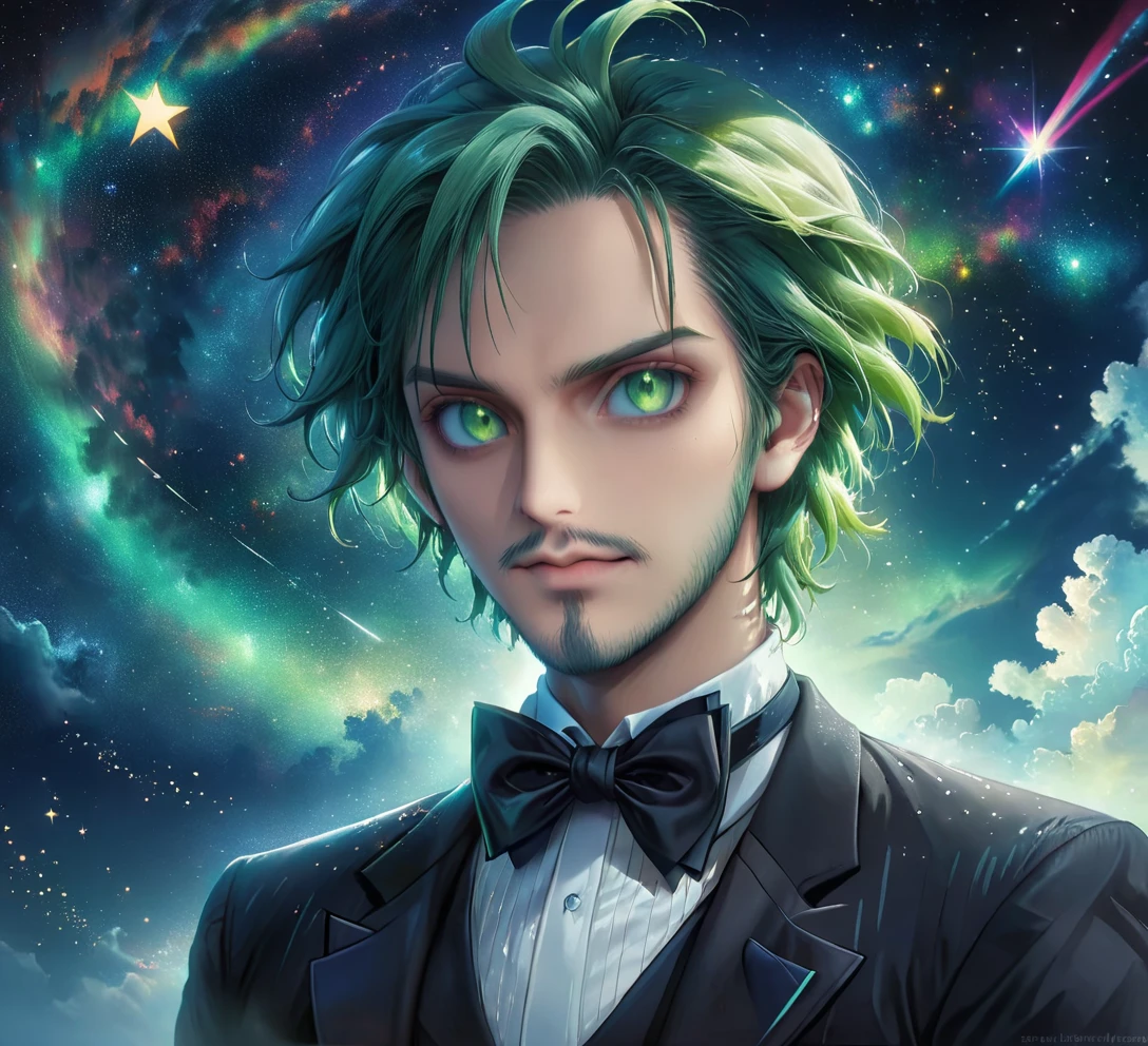 meitu, beetlejuice, anime, manga style, alex brightman starring as beetlejuice,1boy, aurora, black bow, black bowtie, bow, bowtie, facial hair, formal, green sharp eyes, green hair, male focus, night, night sky, realistic, shooting star, sky, solo, space, sparkle, star (sky), starry sky, suit, tuxedo, wlop, guweiz, meitu, (looking at the sky)