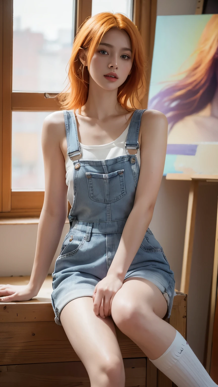 a girl with orange hair, wearing “lilac” overalls, long socks, beautiful body, beautiful face, painting studio in the background, (best quality,4k,8k,highres,masterpiece:1.2),ultra-detailed,(realistic,photorealistic,photo-realistic:1.37),intricate details, vibrant colors, warm lighting, cinematic composition