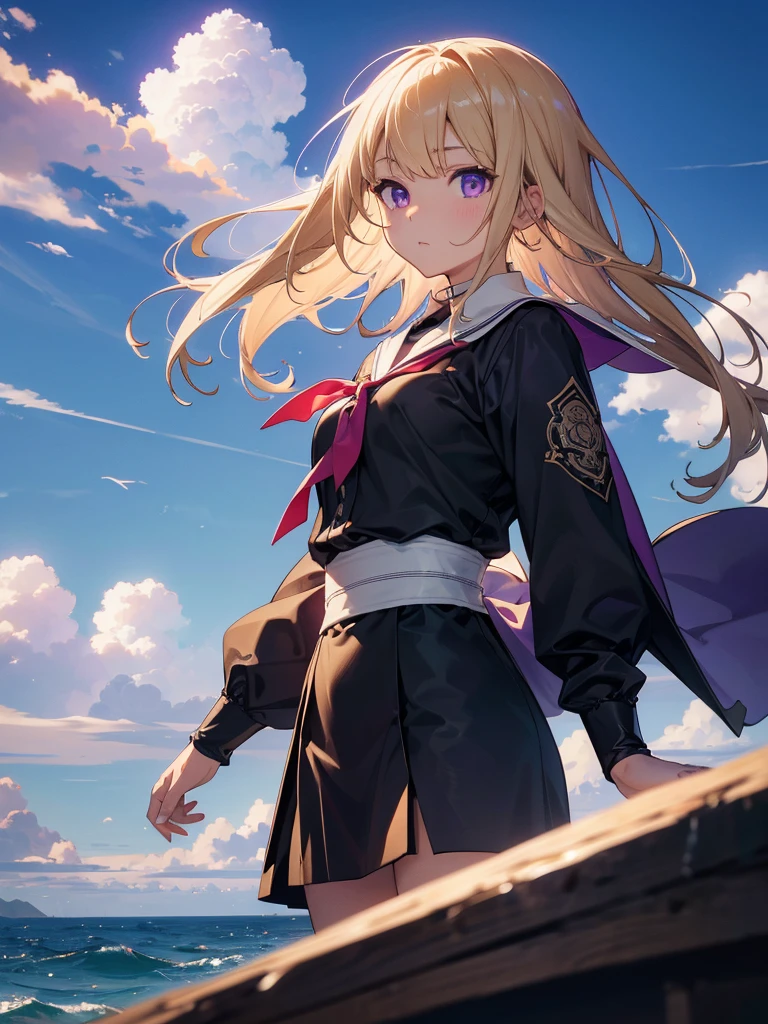 Purple eyes, Blonde,score_9, score_8_superior, score_7_superior, score_6_superior, score_5_superior, masterpiece, Highest quality, Intricate details, Sharp focus, Super detailed, null, (null飛ぶ島:1.2), null, cloud, Fantasy Landscape,入道cloudの中に浮かぶ巨大な都市, cloudのsuperiorの町, Floating School City, you can see the horizon, There&#39;s a city below,　