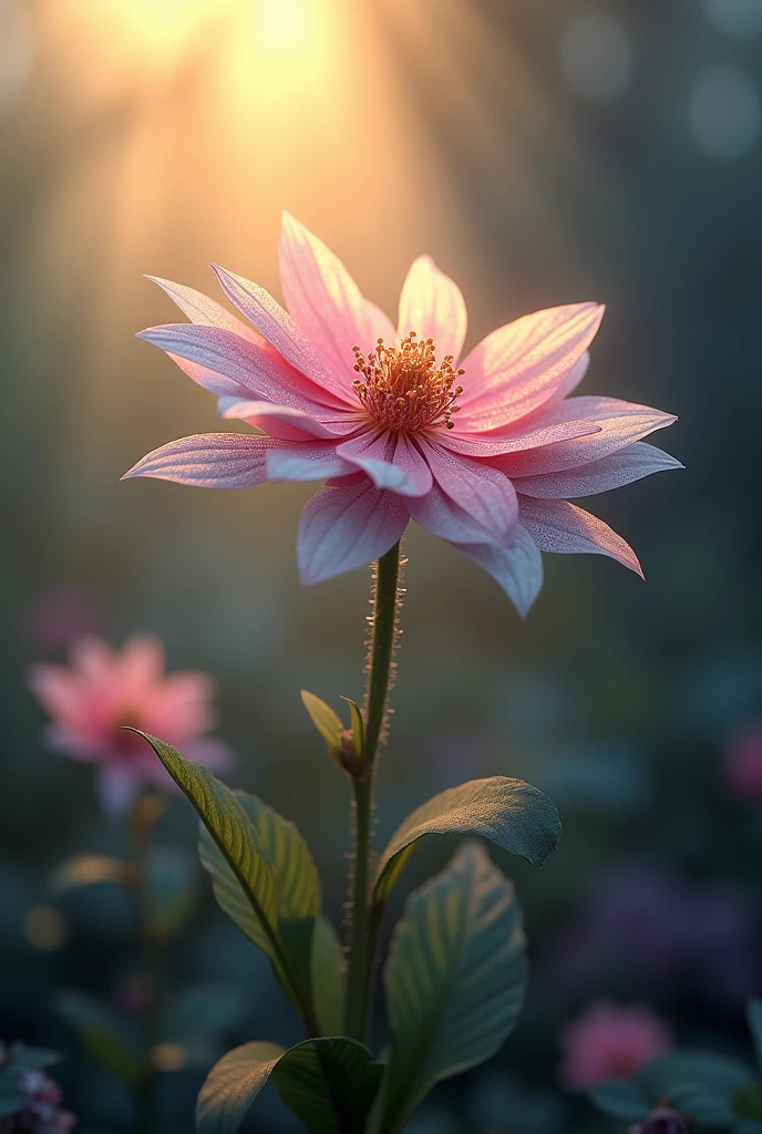 A single flower of fantasy world on which a big dew drop is falling on one petal which a ray of sunlight is sparkling