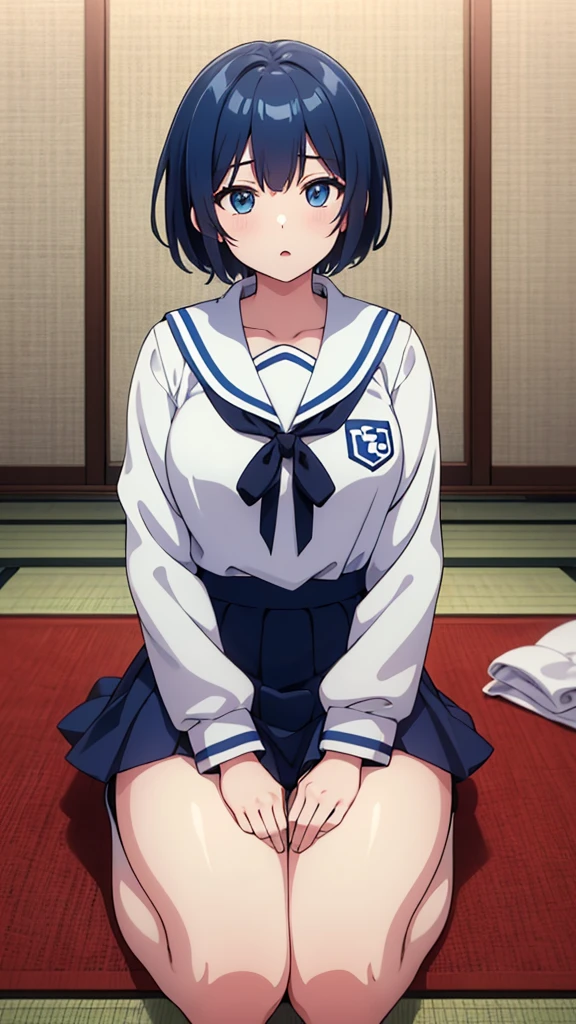 ((masterpiece, Highest quality, Very detailed, Very nice 8K CG wallpaper)), , A little thick, Medium Hair, Blue Hair, short hair, blue eyes,judo player、saylor styled uniform、Large bust、Sailor suit、mini skirt、judo、Cute expression、Inside the judo Gymnasium、、On the tatami、discovery、one person&#39;s、whole body、rest、Haruka Kiritani、Bust Size C Cup、幼い頃judo家によって育てられた、The strongest woman to win a tournament、Nine、The strongest woman who defeated the bully、Sweating
