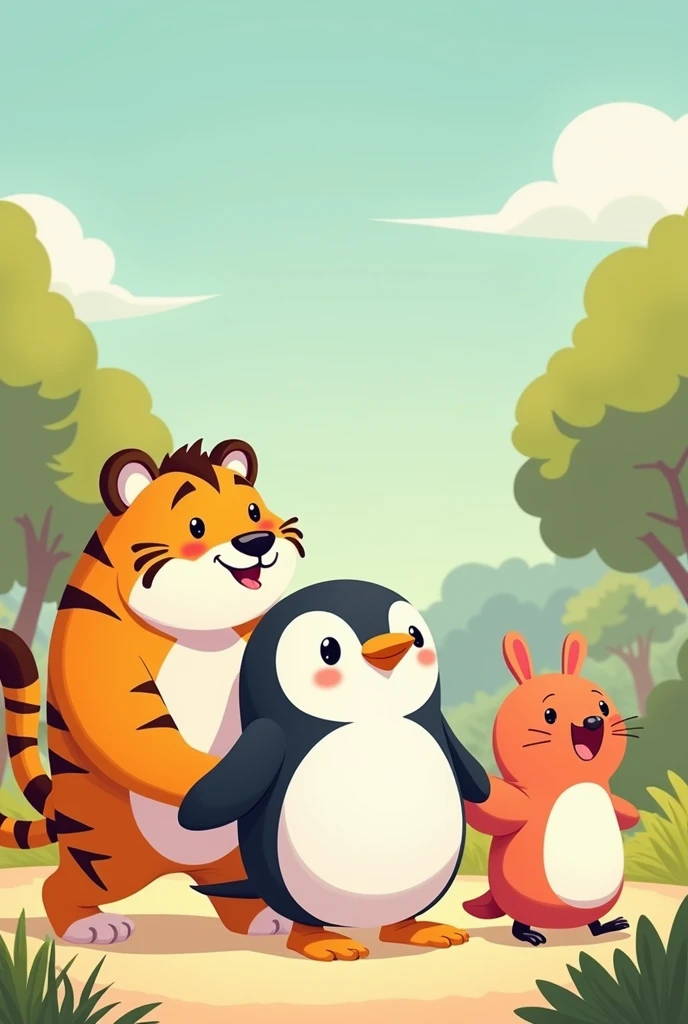 A little fat penguin walking holding hands with 2 supporters. One is tiger and other one is an animal who talk too much Cartoon image.