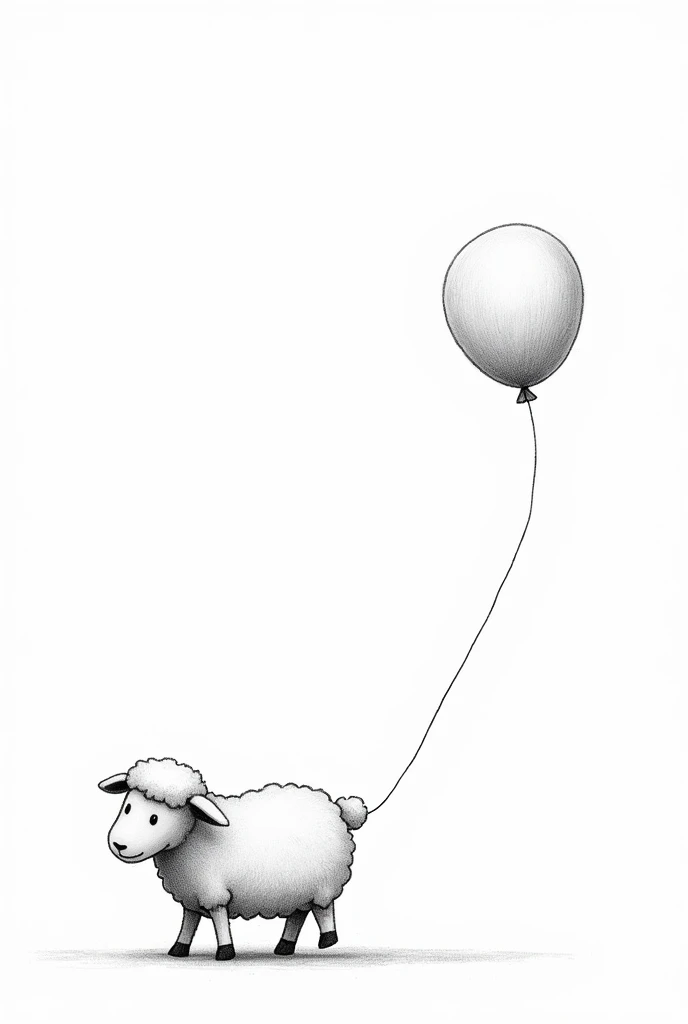 stuffed sheep walking with a balloon. in childish style in black and white pencil and very contrasting