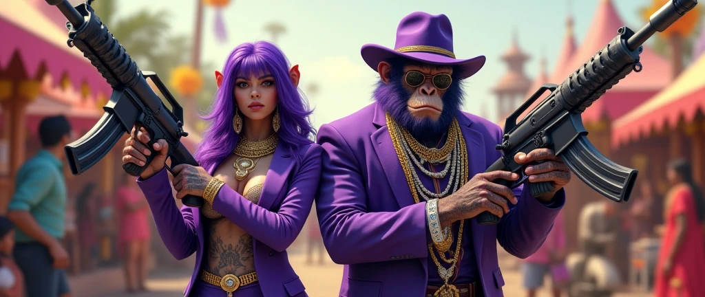 1 purple female ape and 1 purple ape, With giant and high-caliber weapons, with gangster SUIT with chains, tattooed, with huge diamond and gold rings, smoking with a pipe, at an Indian fair