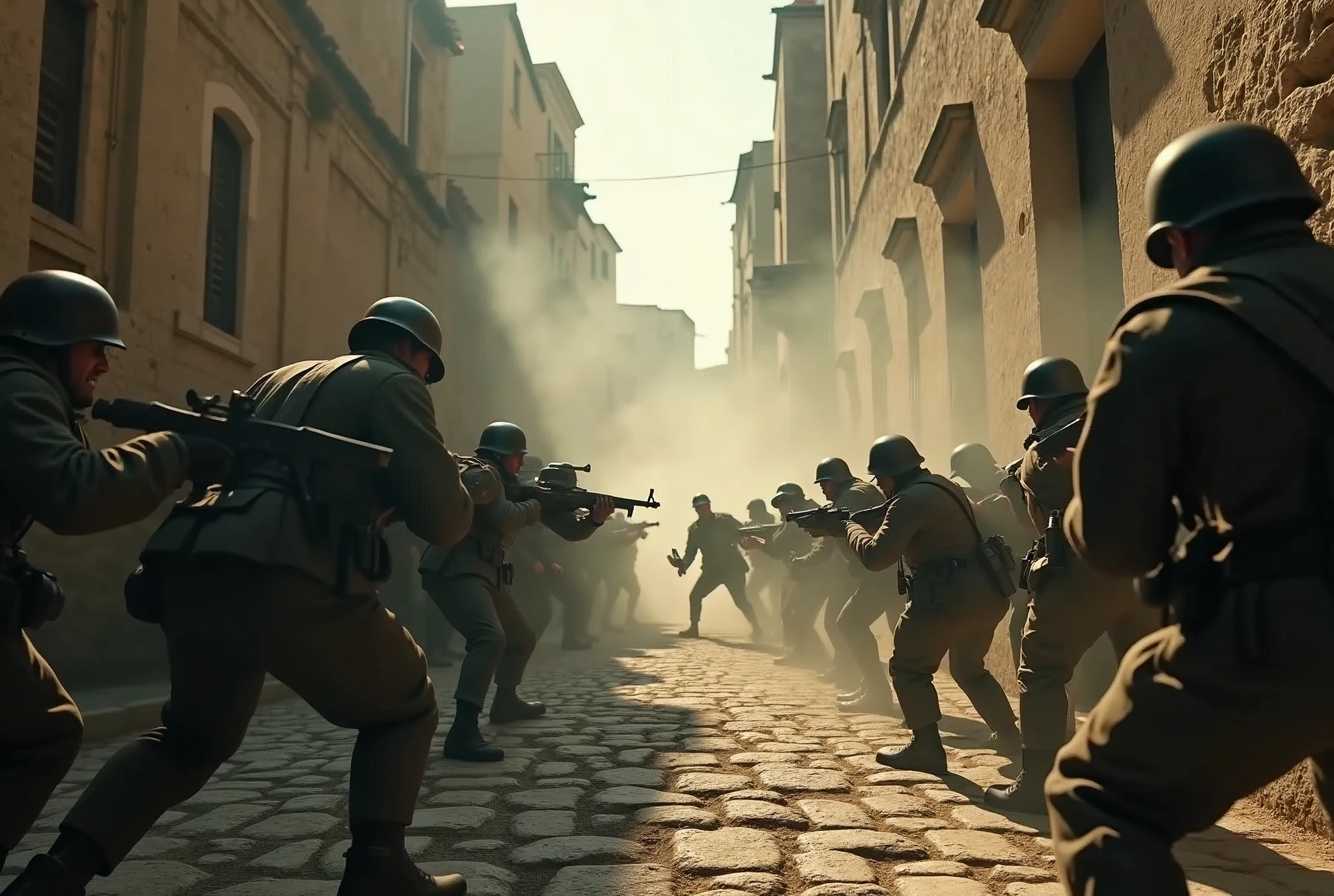 ((( masterpiece ))), (((Highest quality))), ((Very detailed)), (photograph), (Epic battle in Sassi di Matera), (photo:1.2) of Two groups of soldiers (World War II soldiers: German soldiers against Italian Partisans.), (Battle Scene), Half-height angled POV, dressed in different uniforms, fight each other in the alleys of the Sassi of Matera. Some soldiers are squatting, others lying on the ground, still others run to shelter from the blows of opponents, cinematic lights. Masterpiece, best quality, 8K, photo realistic, wallpaper, wallpaper 8k, photographic contest winner, Hyperrealistic art cinematic film still photography in the style of detailed hyperrealism photoshoot. [Entire scene is surrounded by lights, evoking a magical and eerie atmosphere. The lighting is bright and atmospheric, with smoke adding a touch of sinister ambiance. Best quality image, HDR enhancement, showcasing the utmost level of detail and realism]. [8K, Best Quality, Ultra High Resolution, (highly detailed CG unity 8k wallpaper), (best photo), (best shadows), isometric 3D, octane rendering, ray tracing, highly detailed, (Best quality, 4K, 8k:1.2), absurdity, ultra detailed, (realistic, photorealistic, photorealistic:1.37), complex parts, HDR, (complex parts:1.12), (hyper detailed, hyper realistic, Soft lighting, spicy:1.2), (complex parts, Hyper detailed:1.15). Blurred foreground. (backlit), masterpiece, high quality, brightness, chromatic aberration, foggy smoke, shadows, contrast, clear sky, (warm hue, warm tone), high details, natural reflections].