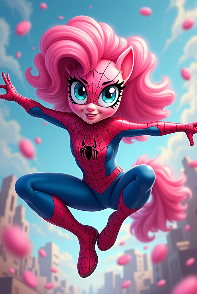 ((derpibooru_p_95)), solo, anthro, pinkie pie, superhero, bodysuit, cape, superhero movie action scene
