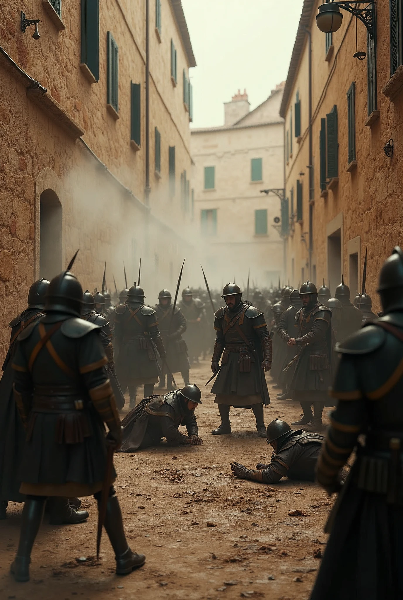 ((( masterpiece ))), (((Highest quality))), ((Very detailed)), (photograph), (Epic battle in Sassi di Matera), (photo:1.2) of Two groups of soldiers, dressed in different uniforms, fight each other in the alleys of the Sassi of Matera. Some soldiers are squatting, others lying on the ground, still others run to shelter from the blows of opponents., cinematic lights. Masterpiece, best quality, 8K, photo realistic, wallpaper, wallpaper 8k, photographic contest winner, Hyperrealistic art cinematic film still photography in the style of detailed hyperrealism photoshoot. [Entire scene is surrounded by lights, evoking a magical and eerie atmosphere. The lighting is bright and atmospheric, with smoke adding a touch of sinister ambiance. Best quality image, HDR enhancement, showcasing the utmost level of detail and realism]. [8K, Best Quality, Ultra High Resolution, (highly detailed CG unity 8k wallpaper), (best photo), (best shadows), isometric 3D, octane rendering, ray tracing, highly detailed, (Best quality, 4K, 8k:1.2), absurdity, ultra detailed, (realistic, photorealistic, photorealistic:1.37), complex parts, HDR, (complex parts:1.12), (hyper detailed, hyper realistic, Soft lighting, spicy:1.2), (complex parts, Hyper detailed:1.15). Blurred foreground. (backlit), masterpiece, high quality, brightness, chromatic aberration, foggy smoke, shadows, contrast, clear sky, (warm hue, warm tone), high details, natural reflections].