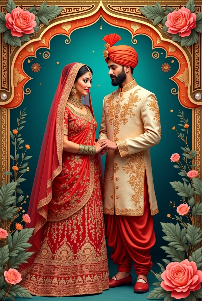 Indian wedding card with groom and bride