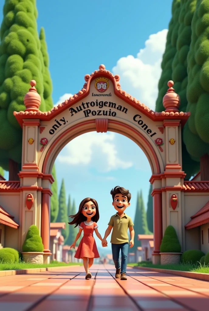 I would like a 3D Pixar style image of a couple walking hand in hand under an arch in Pozuzo, Peru. The couple is happy, with an animated and cartoonish look. The arch has a traditional Austro-German design with coats of arms and the text &#39;Willkommen in Pozuzo&#39; and &#39;Only Austro-German Colony in the World&#39;.&#39; In the background, You can see green trees and a bright blue sky with fluffy clouds, all rendered in a colorful and playful Pixar 3D style