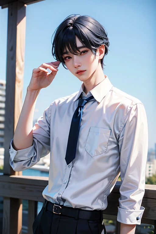 blue hair, White skin, 18 years old, super detail, masterpiece, 8k, 1 boy, korean, amazing, Idol appearance, high quality, Refreshing, high quality, white shirt, black pants, black tie, Beautiful androgynous man, boy, Refreshing, summer, sky blue background, clear, Natural lighting, Fujifilm, Make your eyes look more natural, Color cosmetics,
