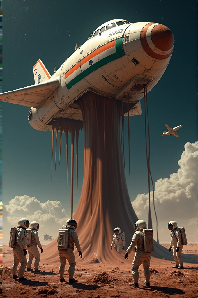 
I want a picture where an Indian spaceship in spaceis dropping thick chocolatey liquid which is gushing out of the spaceship. And then there's an American spaceship right below it. Where American astronauts are standing and enjoying this chocolatey liquid. Both the spaceships need to have their respective flags and the flags need to be larg