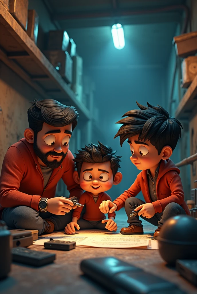 In 3d animation style " Mohan, Guddu, and Micky making final preparations for their plan.