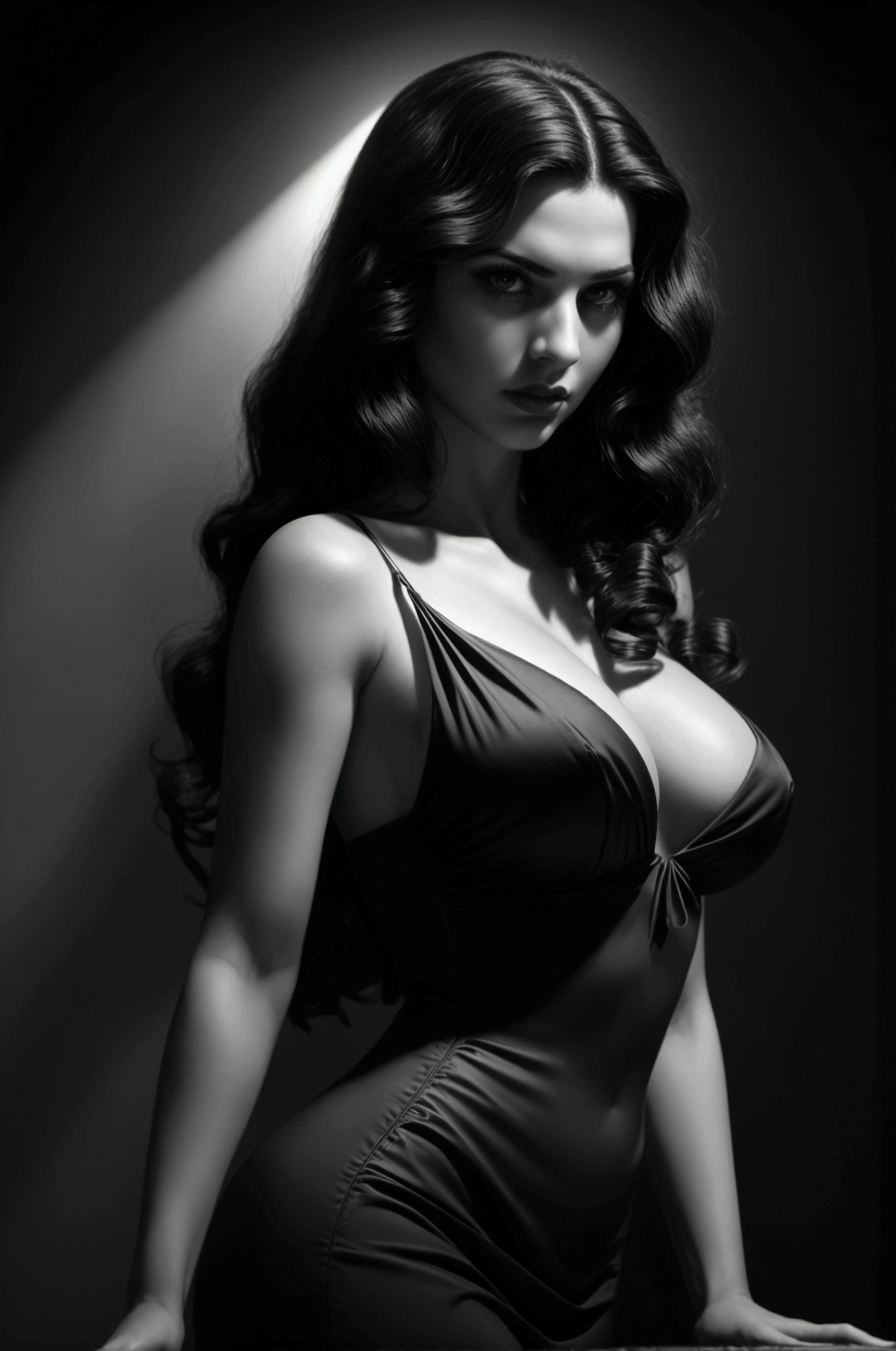 1930s italian beautiful woman, long wavy black hair, sharp pointed breasts, professional lighting, professional camera, detailed face, elegant fashion, dramatic pose, chiaroscuro lighting, moody atmosphere, high contrast, cinematic, film noir, dramatic shadows