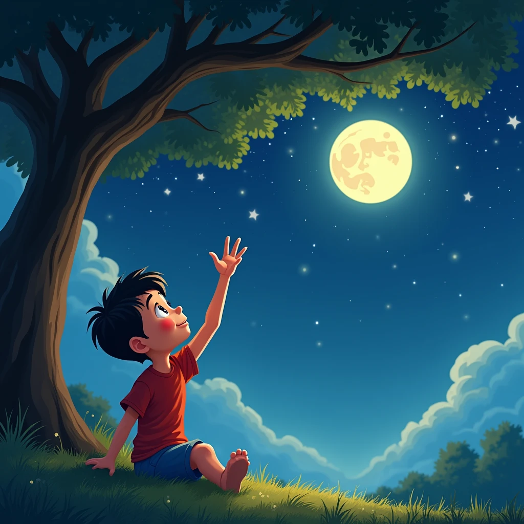 a boy sitting under the tree and it’s dark evening the sky with full moon and stars around it and the boys right hand trying to touch moon animated image