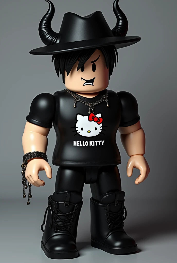 roblox character man aesthetics, with black hat and black hair and black horns hanging jewelry man roblox hello kitty t-shirt man face