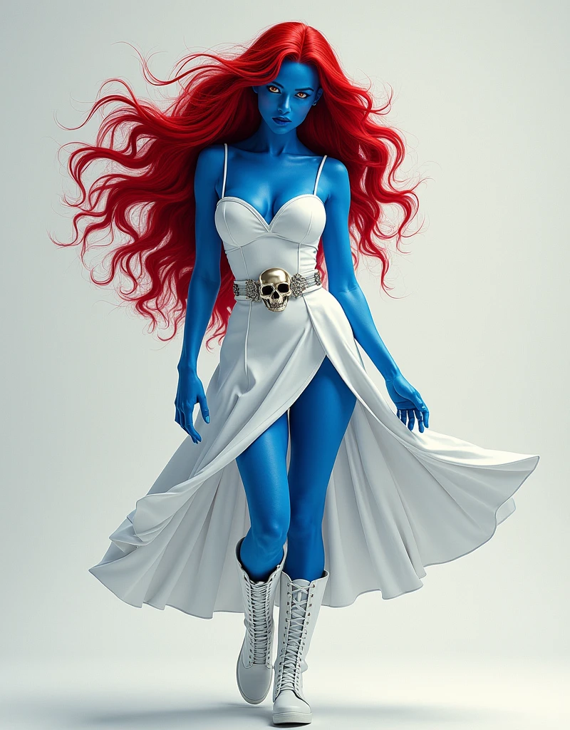 fullbody, portrait Illustration of beautiful Mystique from x-men, mystique is a beautiful female with blue skin, blue body, red hair, in a white dress, white boots, long hair, skull belt, realistic, photo-realistic, 8k, highly detailed, full length frame, High detail RAW color art, piercing, diffused soft lighting, shallow depth of field, sharp focus, hyperrealism, cinematic lighting Art by Frankenthaler, Cassatt, O'Keeffe, Vigée Le Brun, Alma Thomas, Gentileschi, Barbara Kruger, Lavinia Fontana, Dutch view, full body shot with Cannon EF 35mm f/1.4L II USM Lens