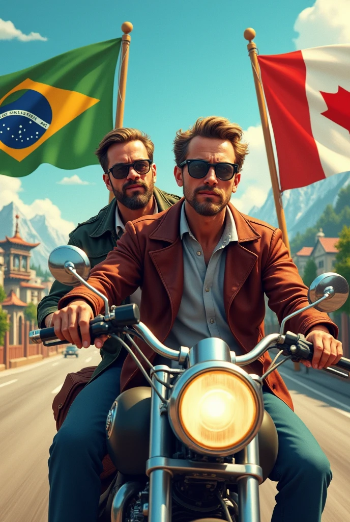 Two men with prescription glasses, riding a motorcycle, and goatee, go from Brazil to Canada, but they pass through Japan , I want the three flags of the 3 countries mentioned