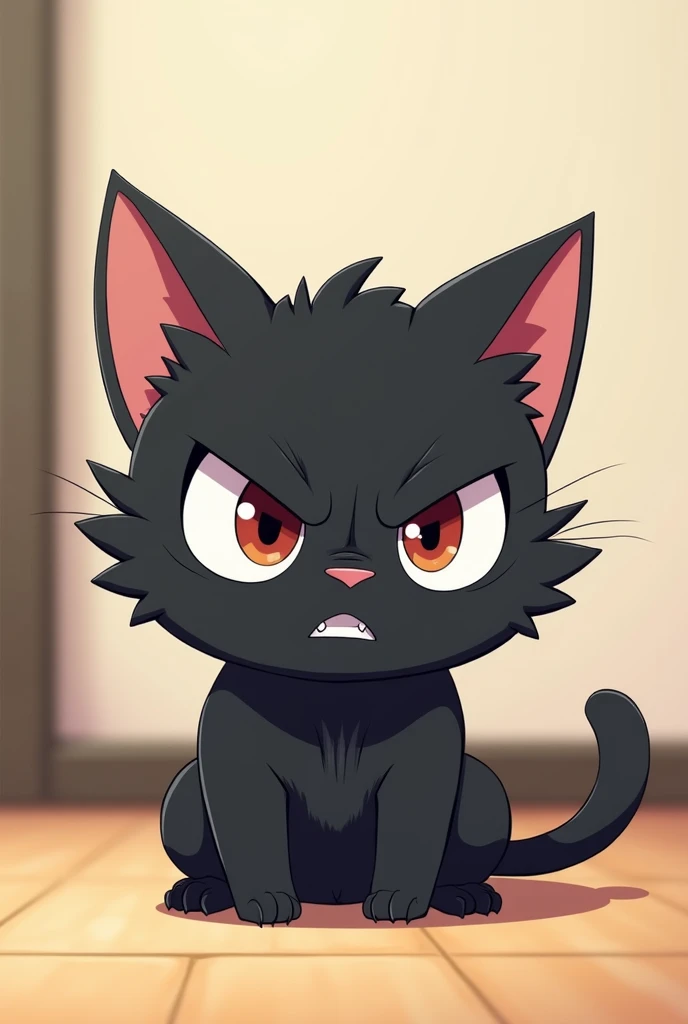 Angry adorable anime little black cat