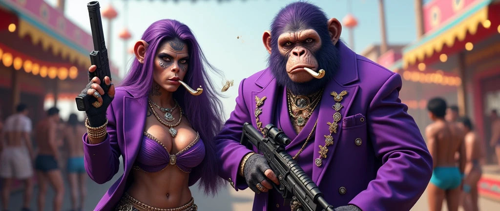 1 purple female ape and 1 purple ape, With giant and high-caliber weapons, with gangster SUIT with chains, tattooed, with huge diamond and gold rings, smoking with a pipe, at an Indian fair, both with ape-like appearance
