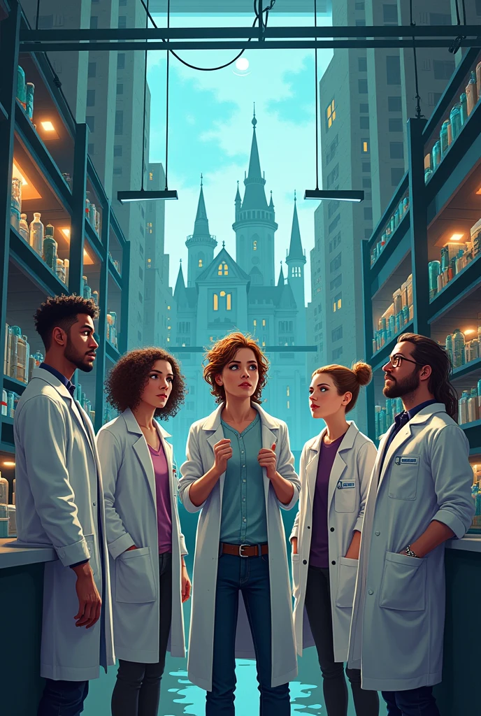Make the image look like a video game.
Description: group of scientists 1 woman two lab. Just when the simulation starts, something goes wrong. The screen flickers and begins to show images from the Middle Ages superimposed on the modern city.. Nexus loses control, and the laboratory is absorbed by the distortion.
Dialogue: "Something went wrong! Nexus is not responding… It is merging realities!"