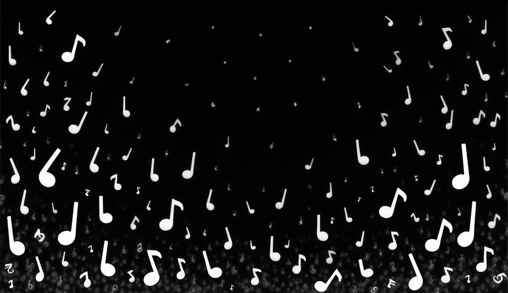 Countless white notes,♪,♬,Black Background,Mysterious world,Japanese illustration style, 