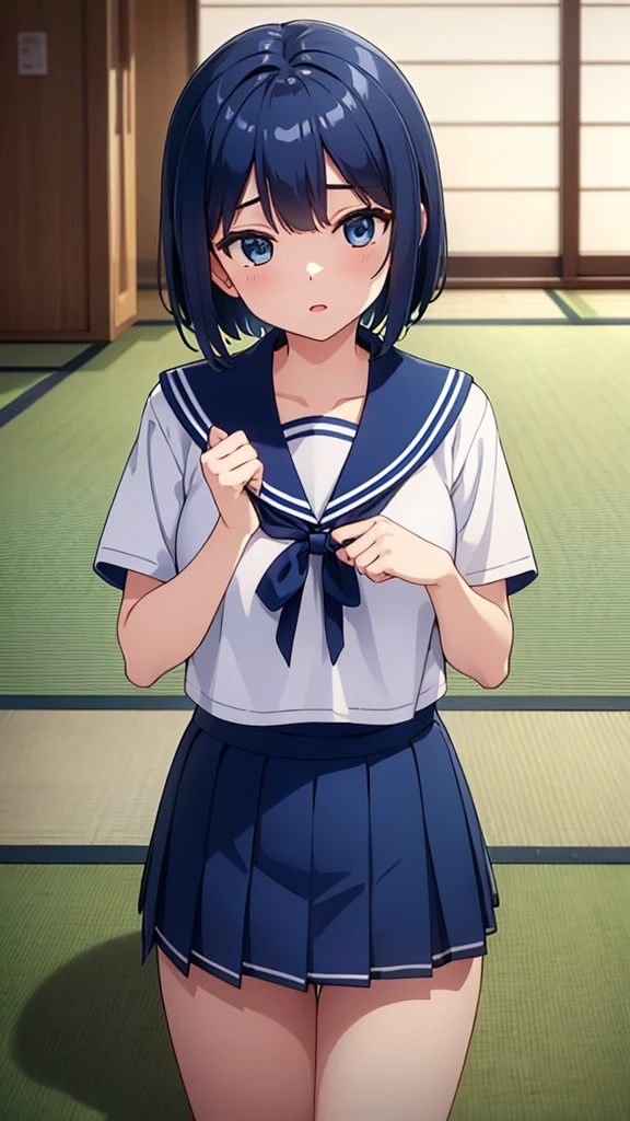((masterpiece, Highest quality, Very detailed, Very nice 8K CG wallpaper)), , A little thick, Medium Hair, Blue Hair, short hair, blue eyes,judo player、saylor styled uniform、Large bust、Sailor suit、mini skirt、judo、Cute expression、Inside the judo Gymnasium、、On the tatami、discovery、one person's、whole body、rest、Haruka Kiritani、Bust Size C Cup、幼い頃judo家によって育てられた、The strongest woman to win a tournament、Nine、The strongest woman who defeated the bully