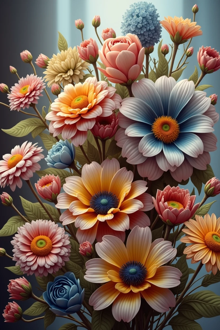 lush bright flowers on a light background, flowers with brightly outlined petals and leaves are gathered in a large bouquet