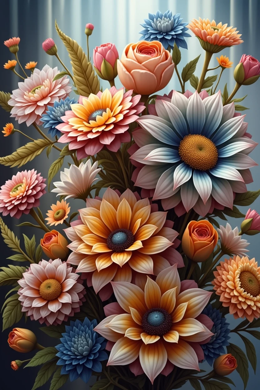 lush bright flowers on a light background, flowers with brightly outlined petals and leaves are gathered in a large bouquet