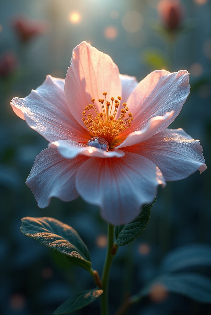 A single flower of fantasy world on which a big dew drop is on one petal which a ray of sunlight is sparkling