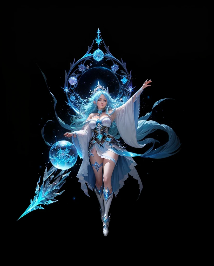Anime girl with blue hair and blue wings flying in the sky, Ice Witch, Beautiful ancient frost witch, Ice and Storm Queen, Beautiful and elegant elf queen, Ice Mage, Witch casts ice ball, Frozen queen, Beautiful witch, Flowing Magic Robe, author:Yang J, Beautiful Celestial Mage, Epic and beautiful character art
