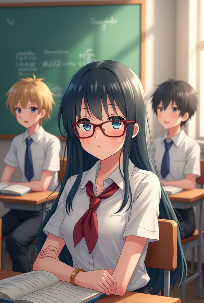 A classmate's siting in class anime type 2 girls and 3 boys 
One girl is beautiful and wearing glasses