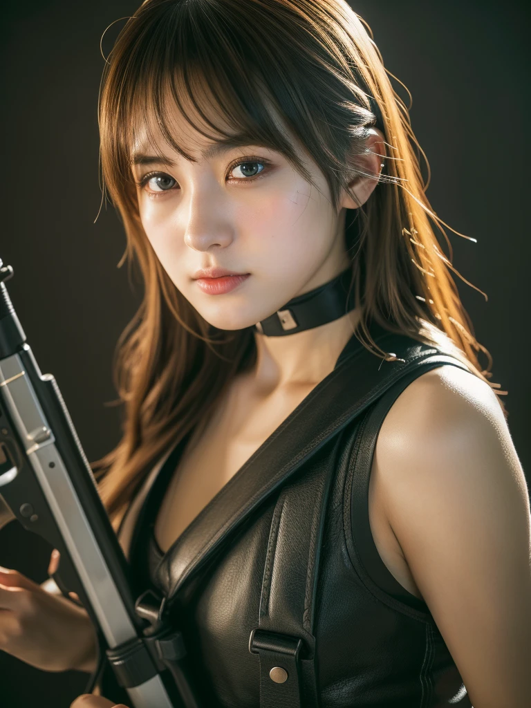 (masterpiece, ultra-detailed, ultra-realistic, best quality, clear focus, photorealistic), (ultra-high resolution, 8k:1.3), cinematic color-grading film, dramatic scenes, shadow, global-illumination, perfect anatomy, perfect face, (detailed face, detailed eye:1.3), (20 years old Japanese anime-style blonde girl), professional light, (beautiful with cute but boyish cool Japanese face:1.3), (holding a large rifle:1.4), (aiming with a long barrel rifle:1.4), (Strong willed expression:1.2), (afraid), (leather bodysuits), sniper, slim waist, (bad girl:1.3), amazing view, very large breasts, tactical vest, military harness,