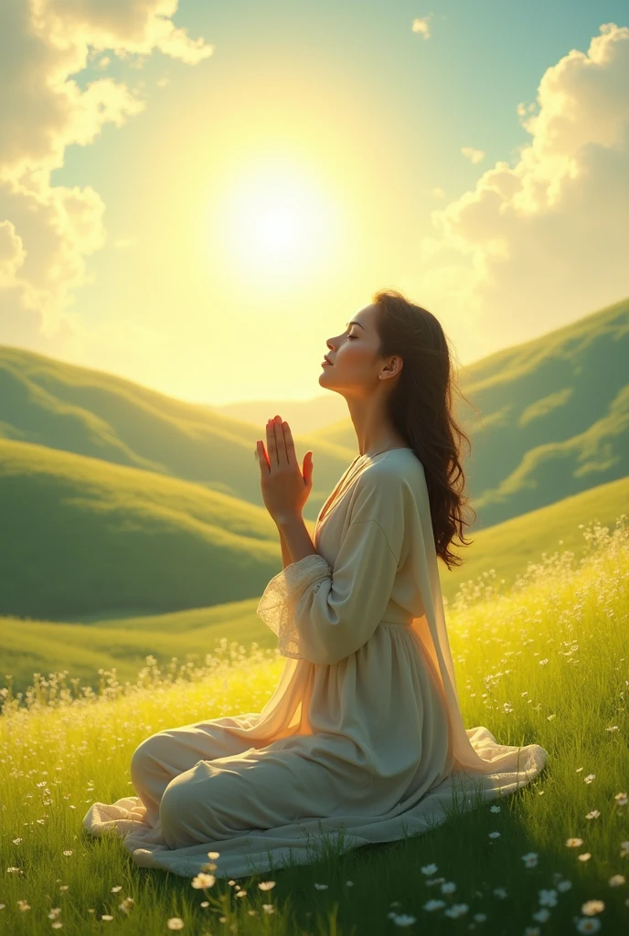 Woman Praying on Her Knees in a Sunny Landscape