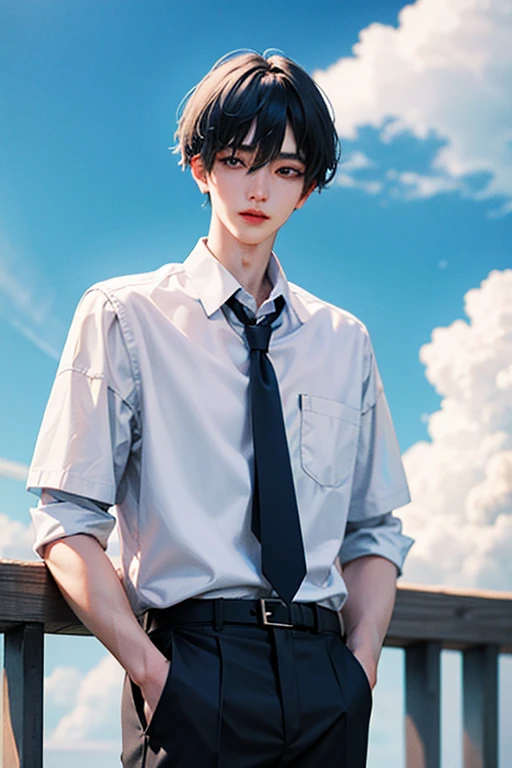 blue hair, White skin, 18 years old, super detail, masterpiece, 8k, 1 boy, korean, amazing, Idol appearance, high quality, Refreshing, high quality, white shirt, black pants, black long tie, Beautiful androgynous man, boy, Refreshing, summer, sky blue background, clear, Natural lighting, Fujifilm, Make your eyes look more natural, Color cosmetics, cool, summer