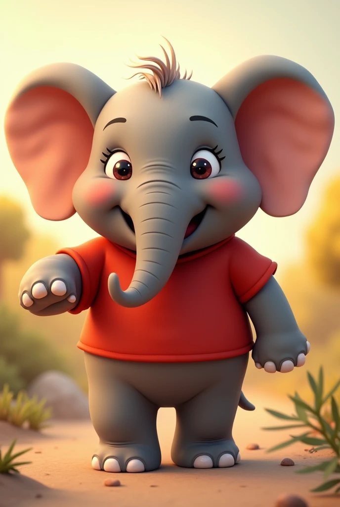 Create Image Elephant:
Smiling brightly.
Red theme shirt.
Humble, ready to help.
Warm, polite, well-mannered.
Playful.