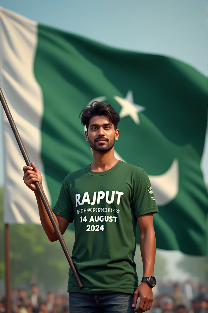 Happy Independence Day 14 August 2024 is written on big flag of Pakistan and a 25-year-old boy is standing in front of him wearing Army T-shirt, with name "RAJPUT" written on t shirt, and holding the Pakistani flag in his hand, 3D art painting realistic high quality photo