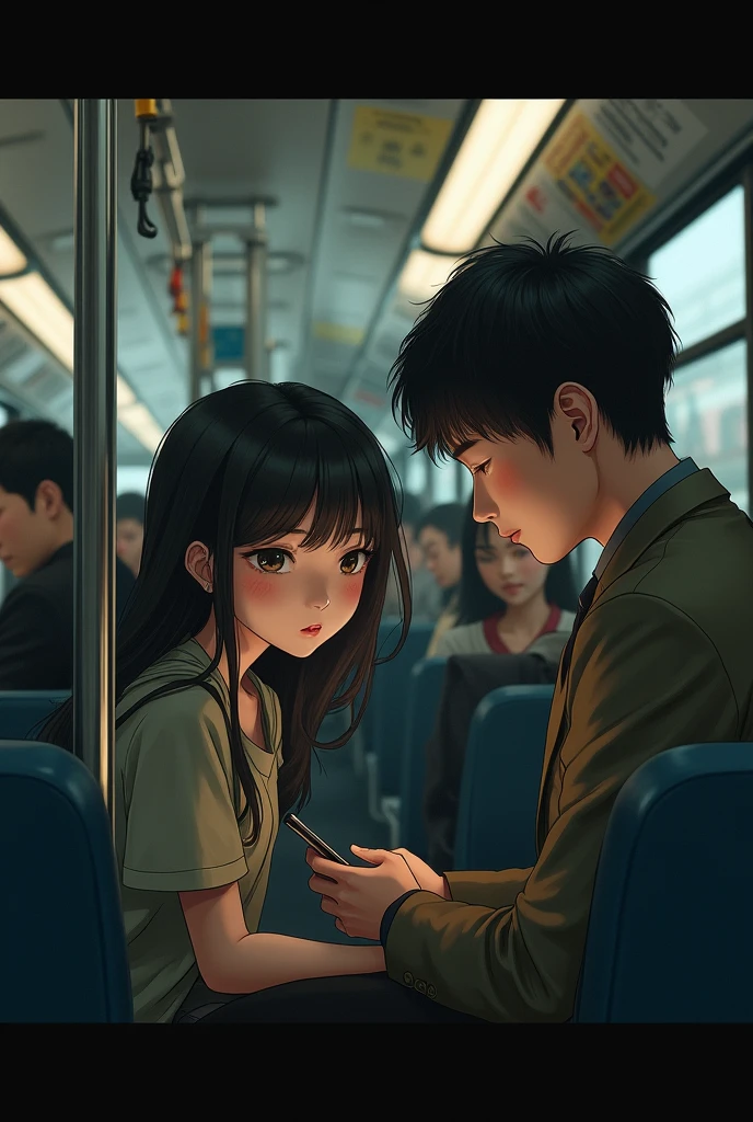 In bus a man is using phone and girl secretly watching him