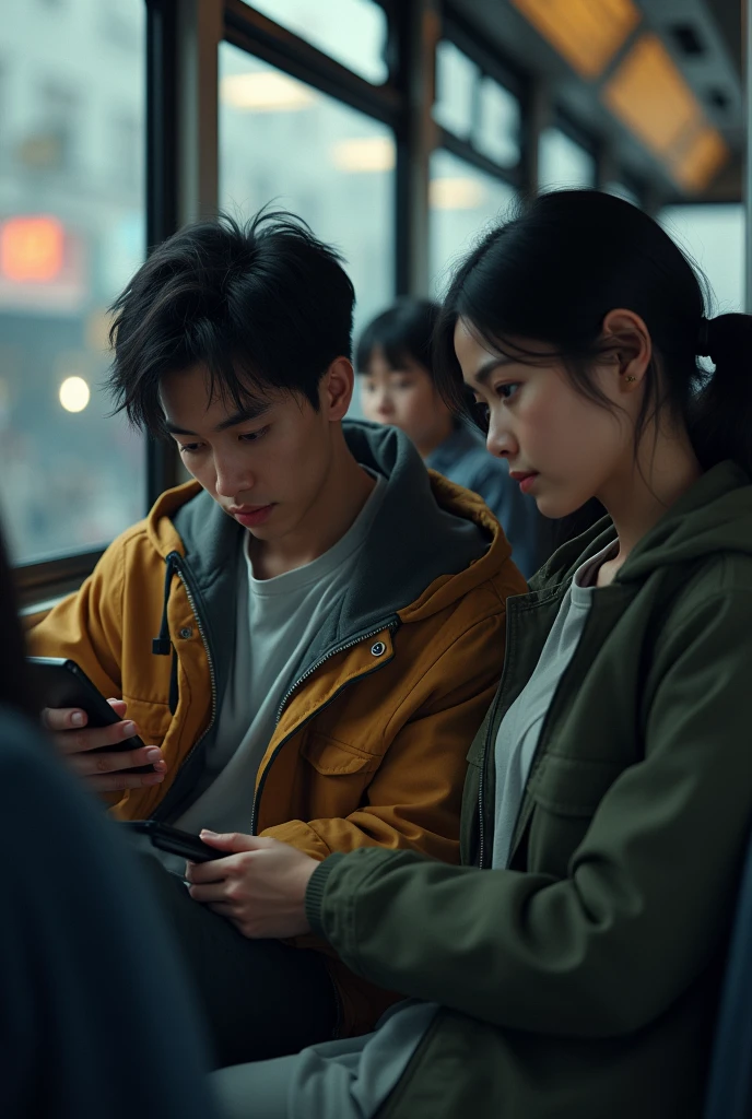 In bus a man is using phone and girl secretly watching him