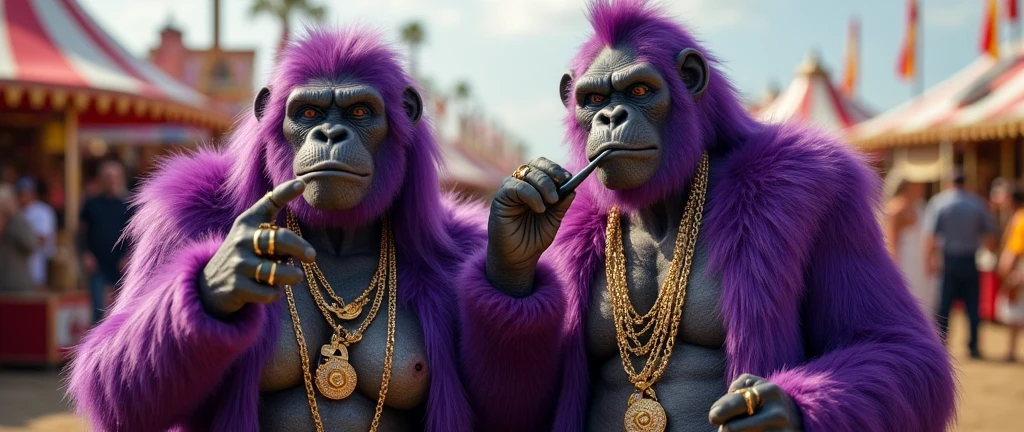 1 purple female ape and 1 purple ape, With giant and high-caliber weapons, with gangster SUIT with chains, tattooed, with huge diamond and gold rings, smoking with a pipe, at an Indian fair