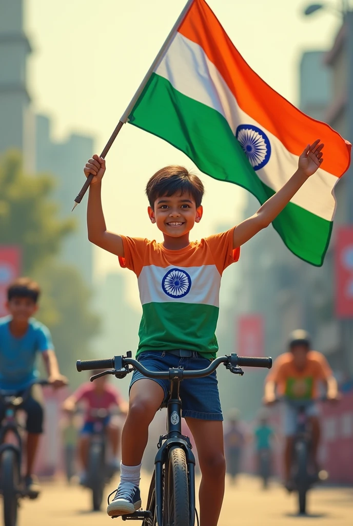 A boy take a indian flag in hand and stand on a bike, The boy wear indian flag t-shirt and print the name of boy in t-shirt Vishal