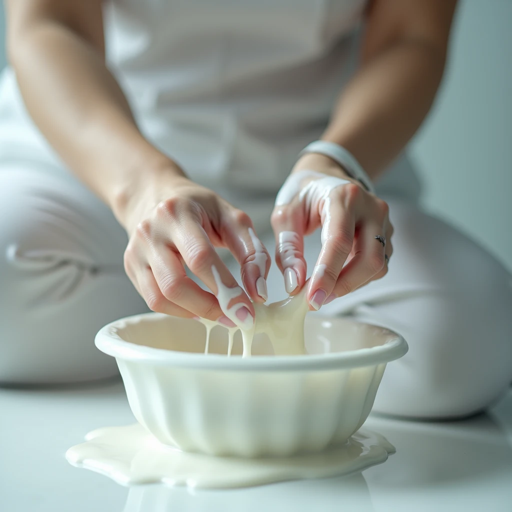 An Asian pretty teenage nurse in white nursing pants, slender, large hips, slim waist line, cleans her thin fingers with large amount of white sloppy liquid.