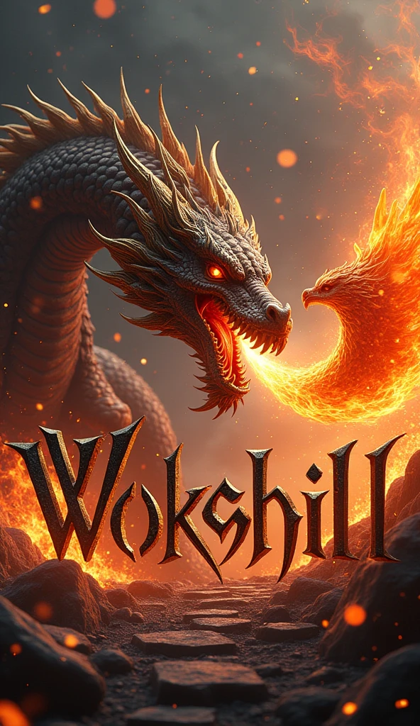 There is a fantasy title "Wokshill" written in the mythological style. There is a dragon and a phoenix fighting in the fire behind in the background of the title. A 3D, fantasy, realistic, aesthetic poster.