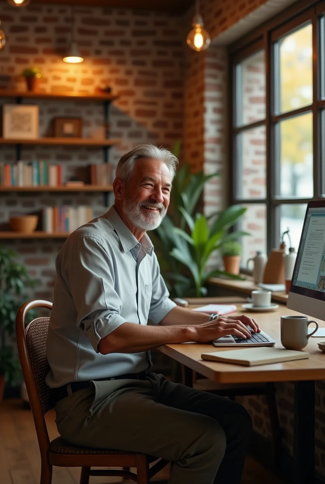 A happy-looking man in his 50s working in front of a computer in his cafe-style study at home
