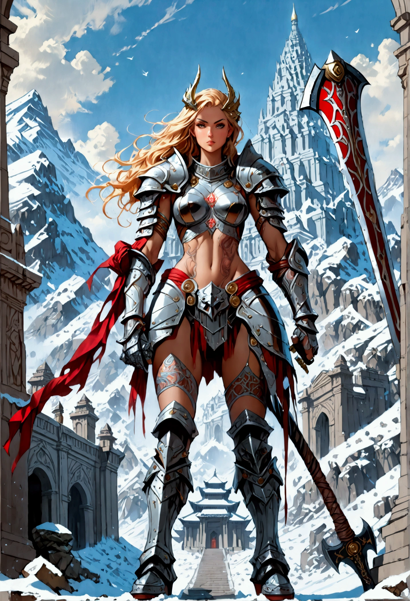 aa fantasy art illustration of a female giant knight armed with a ((mighty battleaxe: 1.5)) standing at the temple gates built on snowy mountain, (((she is as tall as the mountain: 1.3))) a wild beautiful, exotic beautiful giant knight, ((anatomically correct: 1.5), (ultra detailed face: 1.2), best detailed face, dynamic hair color, dynamic hair style, armed with a giant axe, shiny axe, its blade reflects the sunlight, studded with gems, wearing metal armor, dynamic armor color, wearing high heeled boots, standing near a fantasy temple, magnificent temple, with a tower, on snowy mountain (((she is as tall as the mountain:1.3))), vibrant, Hyperrealism style, vibrant, Ultra-high resolution, High Contrast, (masterpiece:1.5), highest quality, Best aesthetics), best details, best quality, highres, ultra wide angle, 16k, [ultra detailed], masterpiece, best quality, (extremely detailed) RAW, rpg portrait battleaxe Dark Art Painting Style