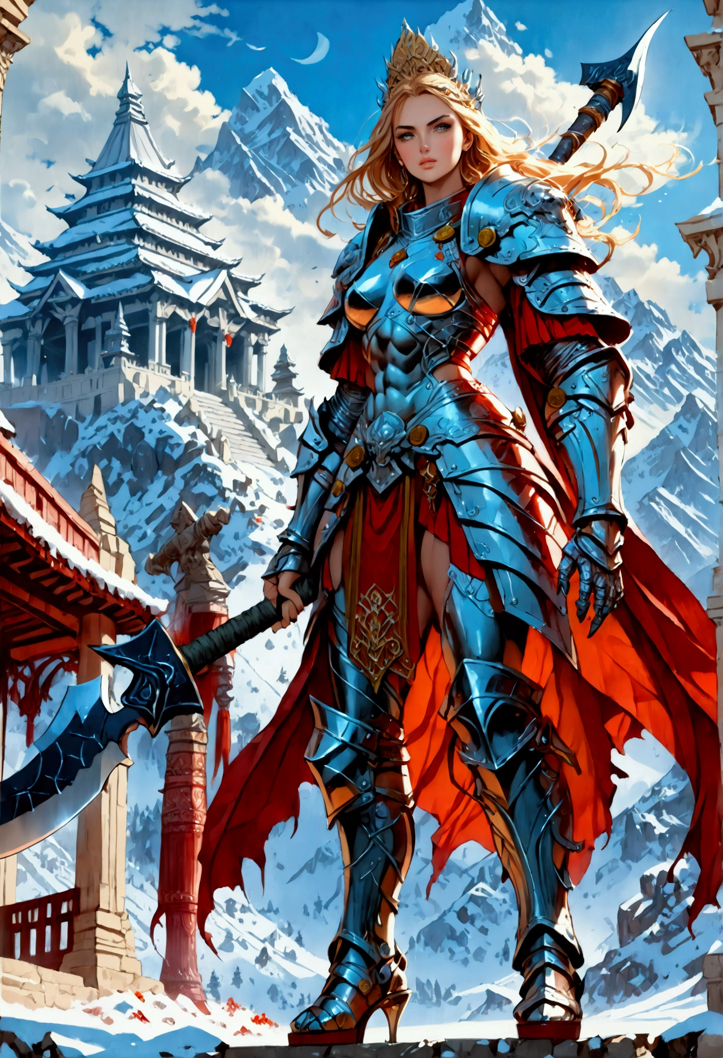 aa fantasy art illustration of a female giant knight armed with a ((mighty battleaxe: 1.5)) standing at the temple gates built on snowy mountain, (((she is as tall as the mountain: 1.3))) a wild beautiful, exotic beautiful giant knight, ((anatomically correct: 1.5), (ultra detailed face: 1.2), best detailed face, dynamic hair color, dynamic hair style, armed with a giant axe, shiny axe, its blade reflects the sunlight, studded with gems, wearing metal armor, dynamic armor color, wearing high heeled boots, standing near a fantasy temple, magnificent temple, with a tower, on snowy mountain (((she is as tall as the mountain:1.3))), vibrant, Hyperrealism style, vibrant, Ultra-high resolution, High Contrast, (masterpiece:1.5), highest quality, Best aesthetics), best details, best quality, highres, ultra wide angle, 16k, [ultra detailed], masterpiece, best quality, (extremely detailed) RAW, rpg portrait battleaxe Dark Art Painting Style