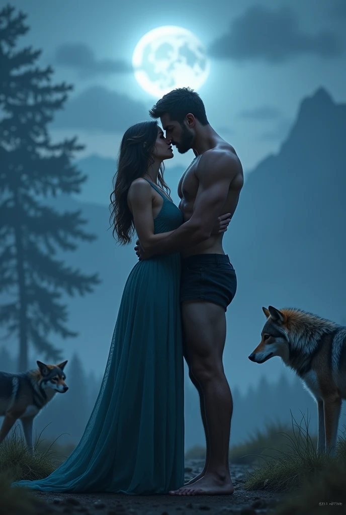 Generate a realistic image of a alpha male and female lovers the male Should b on singlet and short and d female dressed on gown holding each other in a romantic way under a blue moon wit wolf packs in front of them