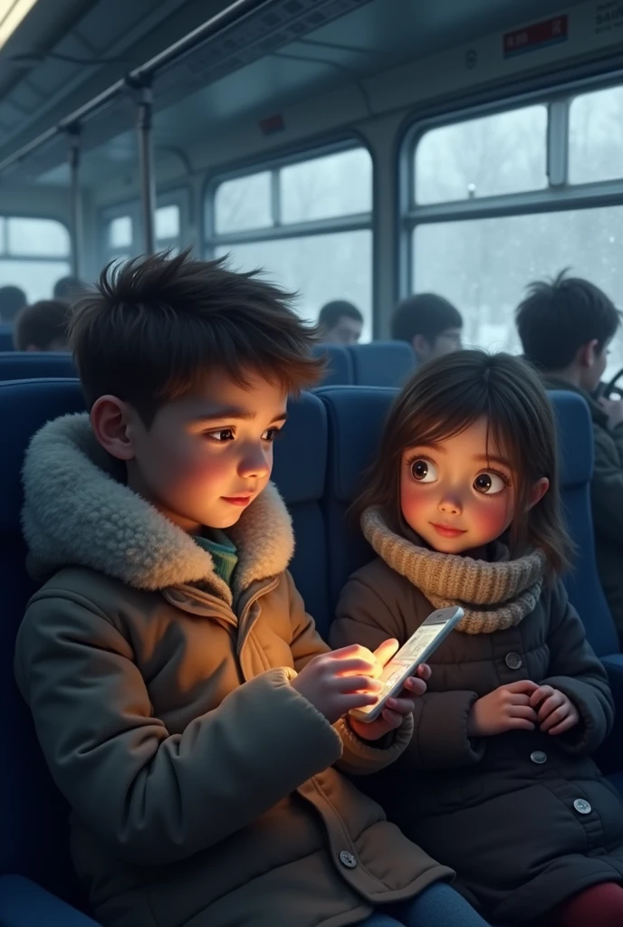 In winter a boy is using his phone in bus and girl secretly watching him